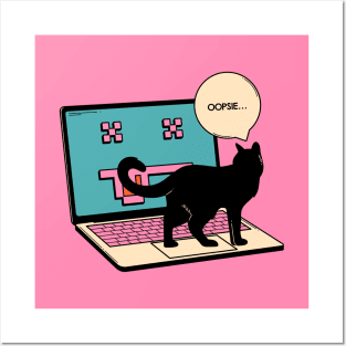 404 Error Laptop Black Cat in pink Posters and Art